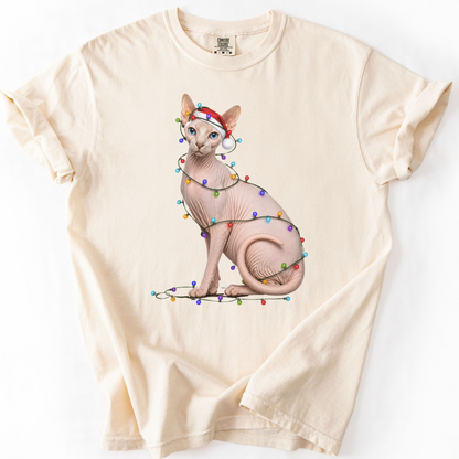 Sphynx Cat Christmas Lights Shirt, Comfort Colors Holiday Cat Lover Tee