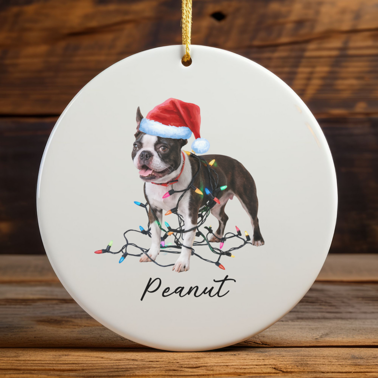 Personalized Boston Terrier Christmas Ornament, Ceramic Dog Lover Gift, Festive Lights Tree Decor