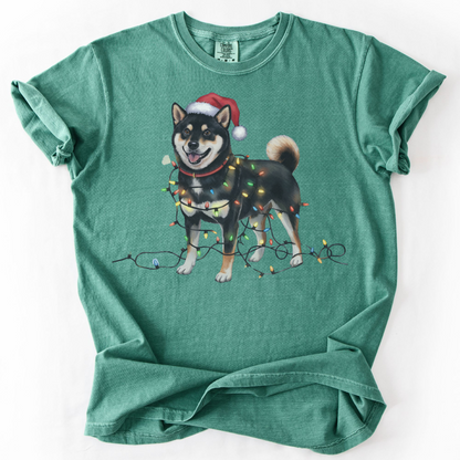 Black Shiba Inu Christmas Lights Shirt, Festive Holiday Tee for Shiba Lovers