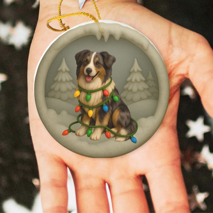 Personalized Australian Shepherd Christmas Ornament, Custom Aussie with Holiday Lights Keepsake