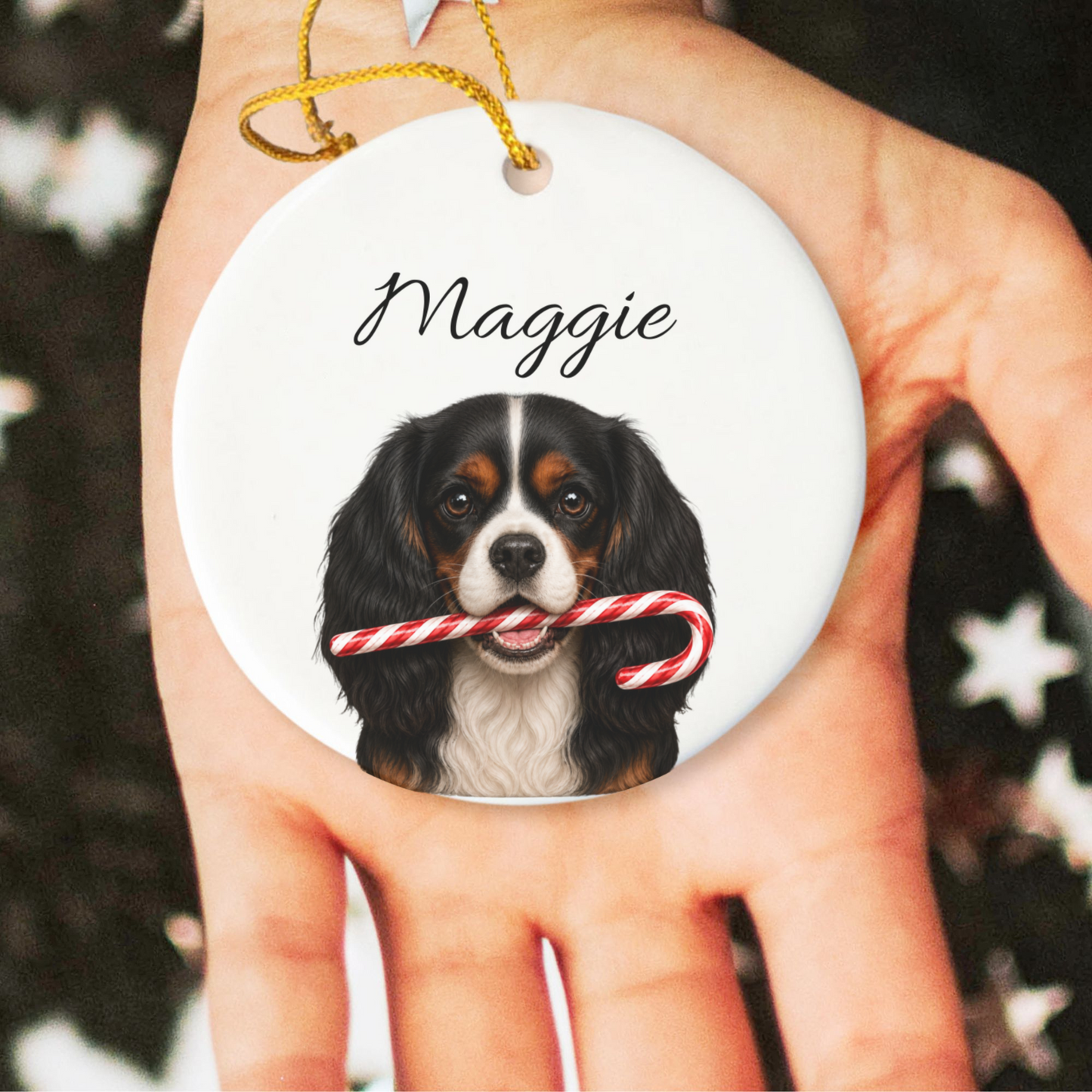 Personalized Tricolor Cavalier Candy Cane Ornament