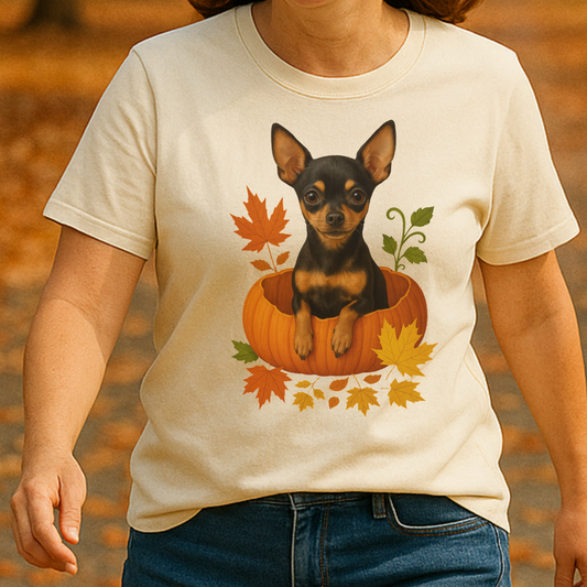 Black and Tan Chihuahua in Pumpkin Fall Shirt, Cute Autumn Dog Tee for Chihuahua Lovers