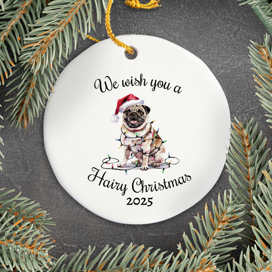 Christmas Tan Pug Ornament, Pug Mom, Christmas Lights Dog Keepsake