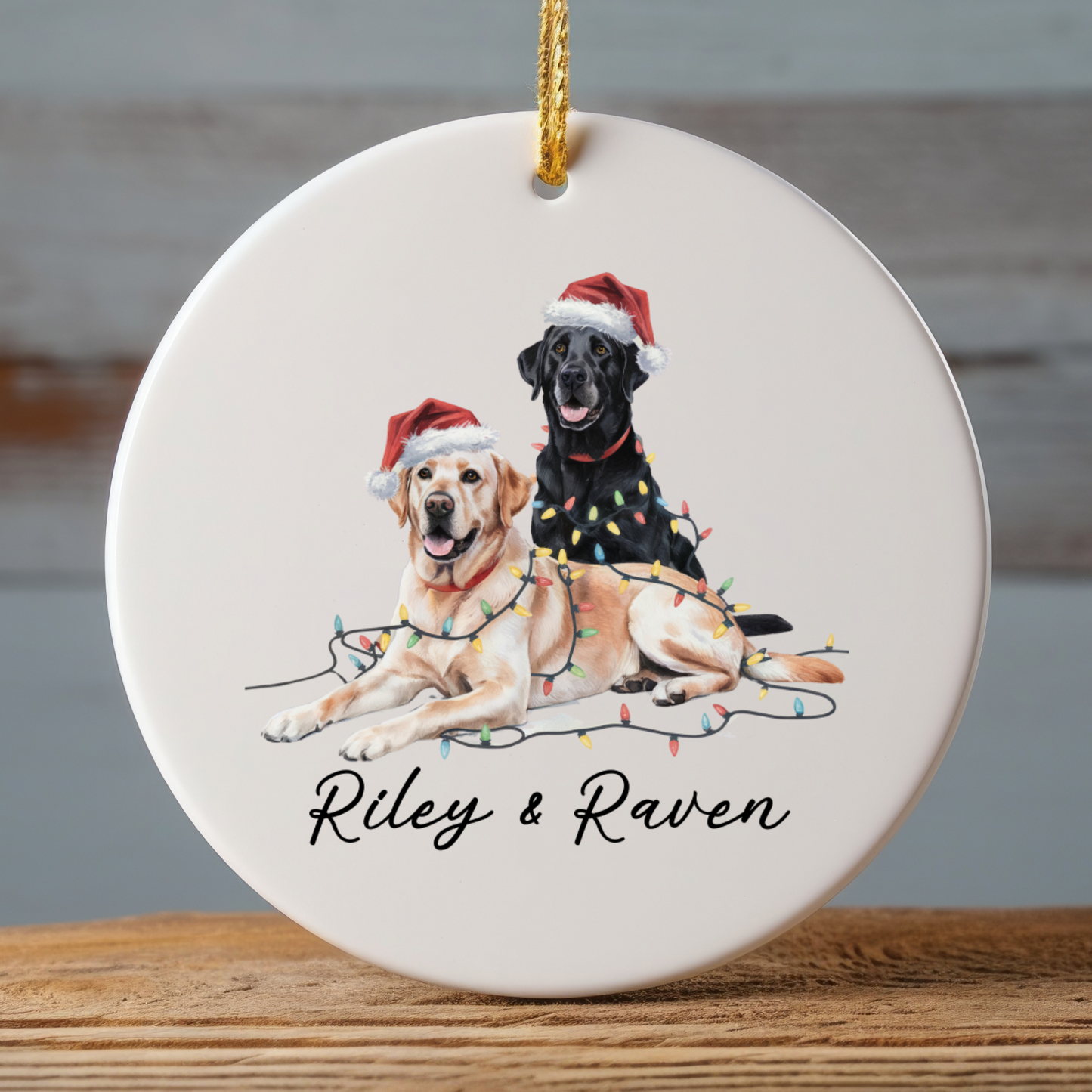 Personalized Yellow Black Lab Christmas Ornament, Festive Dog Lights, Ceramic Keepsake