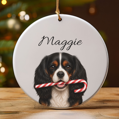 Personalized Tricolor Cavalier Candy Cane Ornament