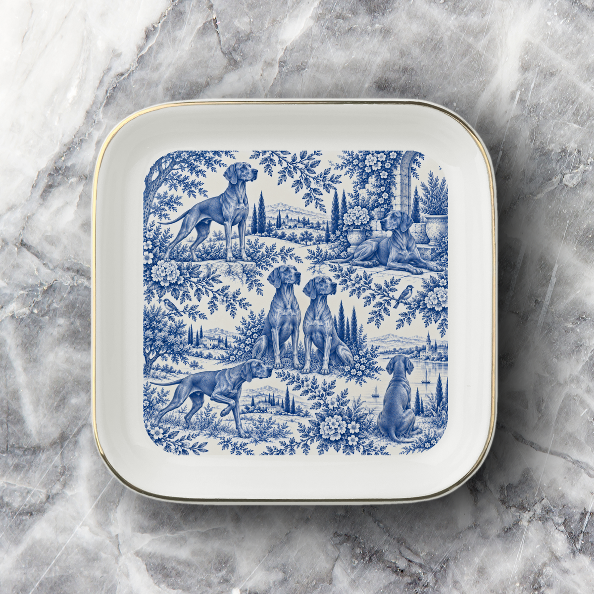Vizsla Jewelry Dish, Blue Toile Dog Ring Dish, Vizsla Mom Gift, Ceramic Trinket Tray
