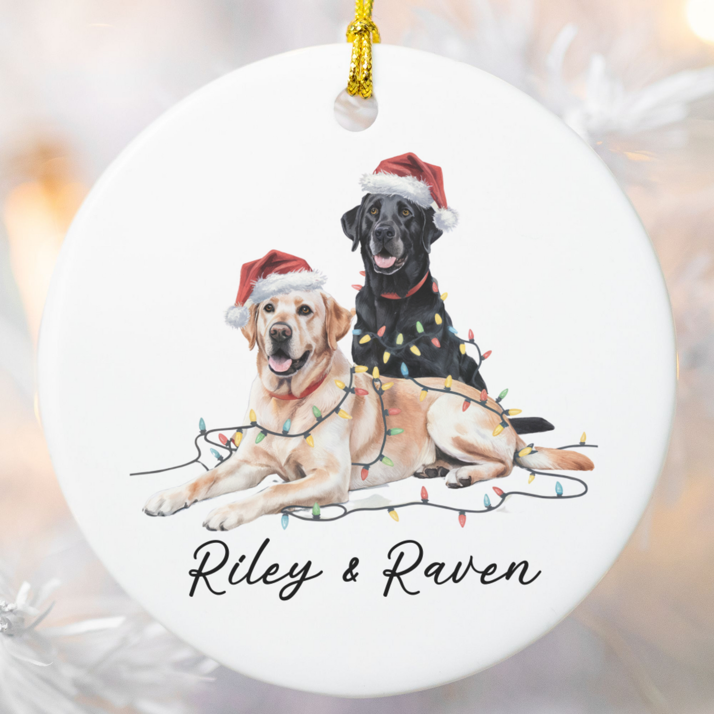 Personalized Yellow Black Lab Christmas Ornament, Festive Dog Lights, Ceramic Keepsake