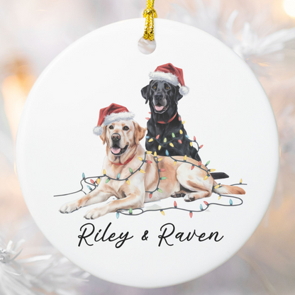 Personalized Yellow Black Lab Christmas Ornament, Festive Dog Lights, Ceramic Keepsake