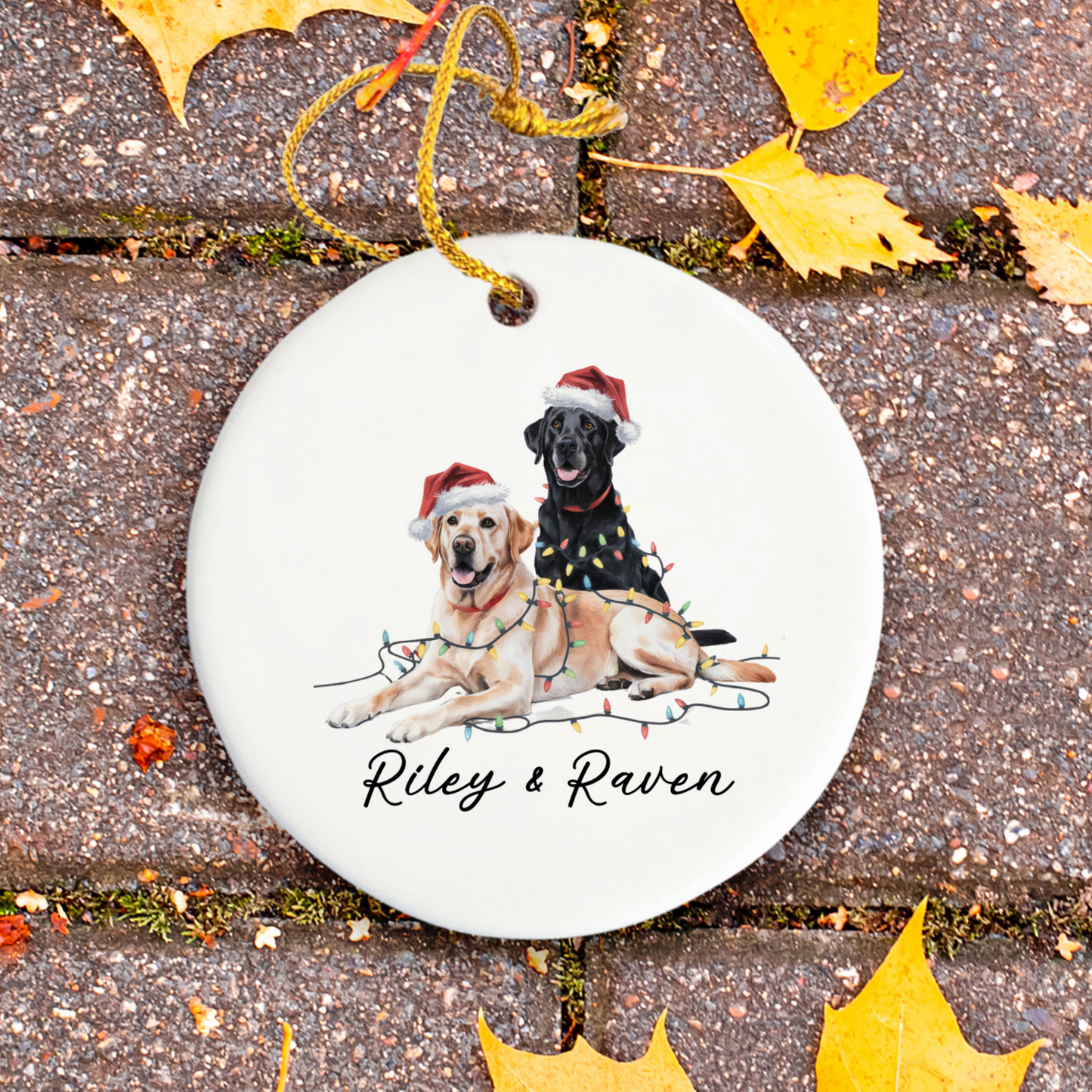Personalized Yellow Black Lab Christmas Ornament, Festive Dog Lights, Ceramic Keepsake