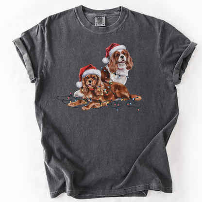 Cavalier King Charles Spaniel Christmas Shirt, Ruby and Blenheim Spaniel Gift, Dog Santa Hat Tee, Festive Holiday Dog Art