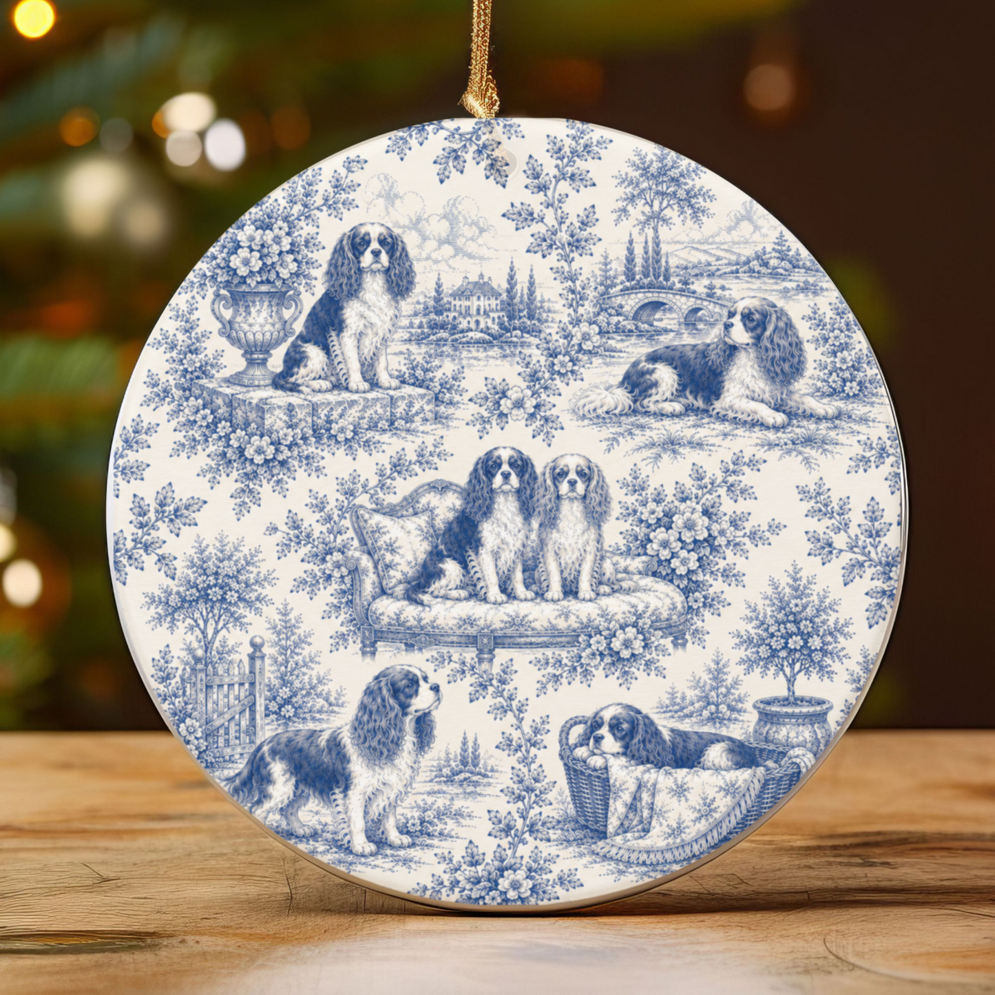 Cavalier French Blue Toile Dog Ornament