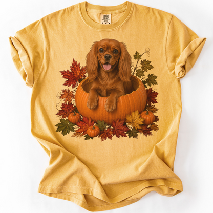 Ruby Cavalier King Charles in Pumpkin Fall Shirt, Cute Autumn Dog Tee for Spaniel Lovers