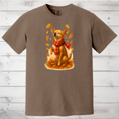 Chihuahua in Autumn Leaves T-shirt, Fall Dog Sweatshirt, Pet Lover Gift, Cozy Canine Apparel, Chihuahua in Scarf, Dog Mom Present