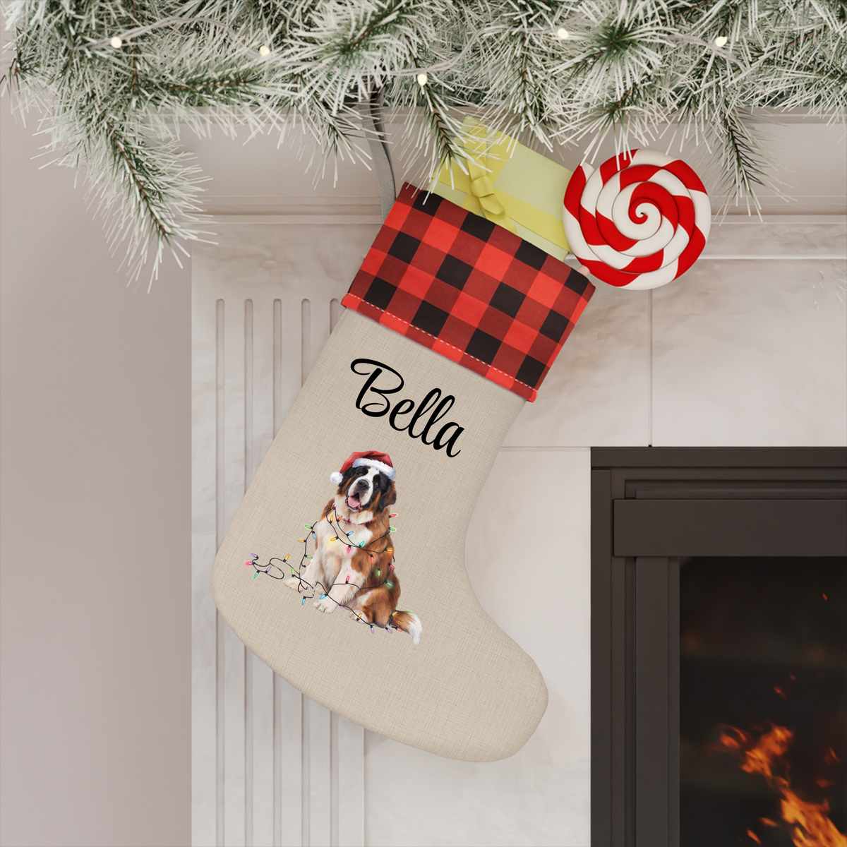Personalized Saint Bernard Christmas Stocking, Holiday Decor Gift for Pet Lovers