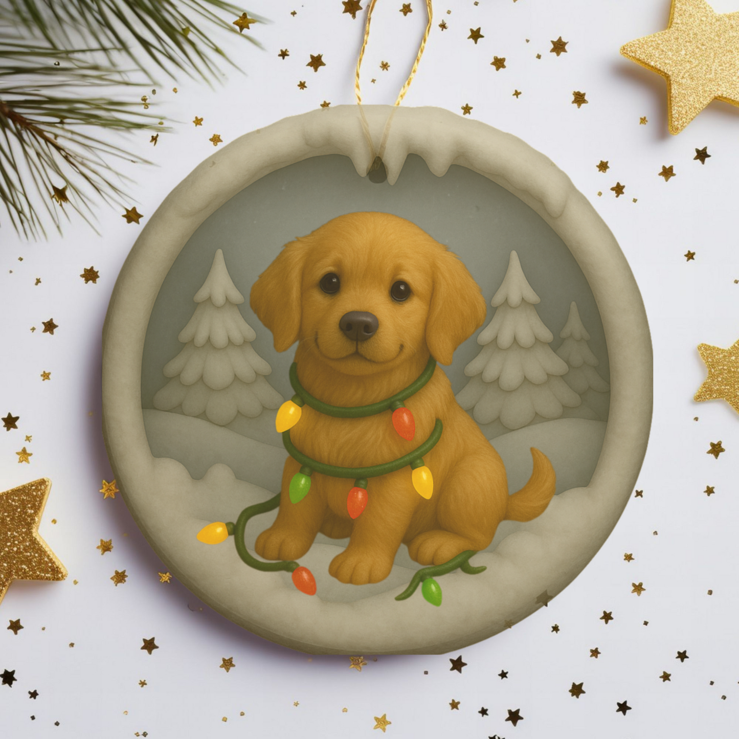 Personalized Golden Retriever Christmas Ornament, 3D Clay-Style Dog Keepsake with Lights