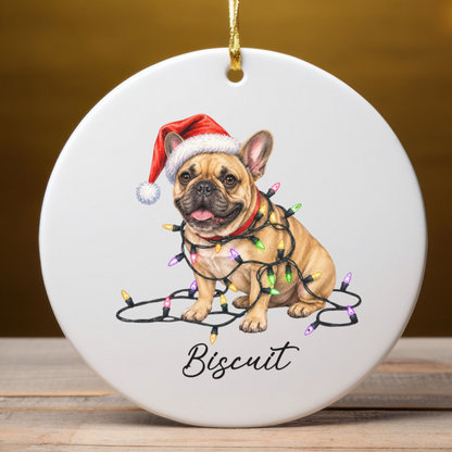 Personalized Fawn French Bulldog Ceramic Ornament, Dog Christmas Gift, Festive Lights Keepsake