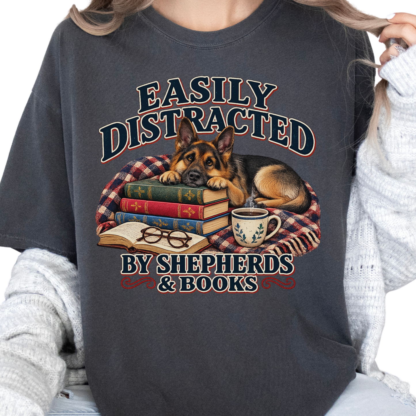 German Shepherd Shirt, Easily Distracted by Shepherds and Books, Dog Mom Book Lover Tee