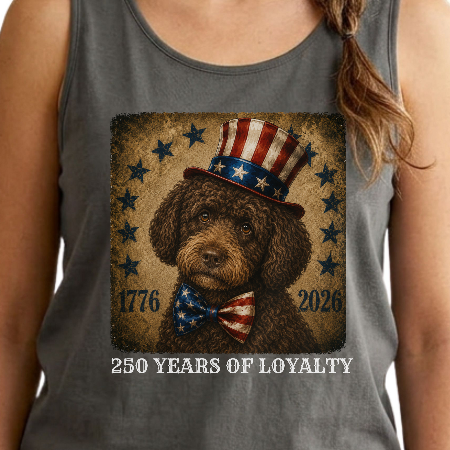 Brown Portuguese Water Dog Patriotic Tank Top, 250 Years Loyalty