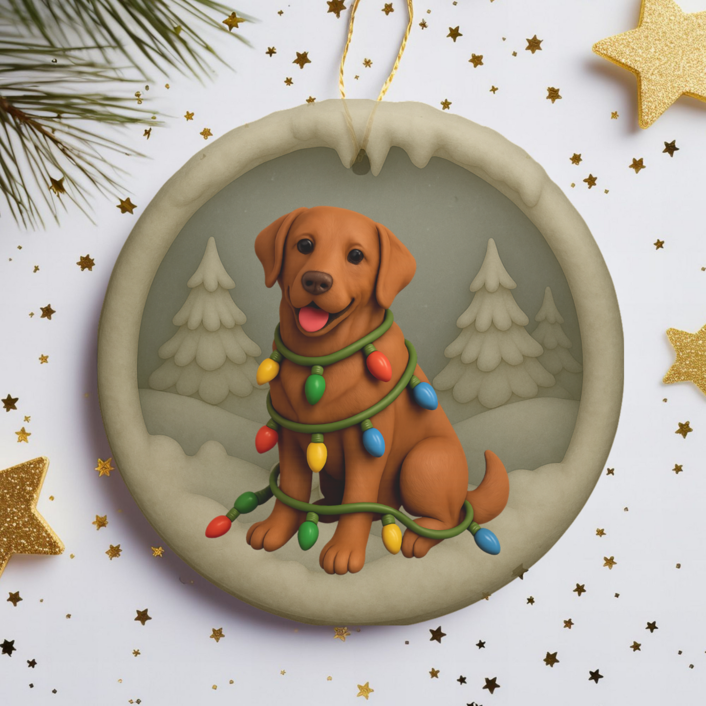 Fox Red Lab Christmas Ornament, Personalized Labrador Retriever Puppy with Holiday Lights, Custom Dog Lover Gift, Tree Decoration