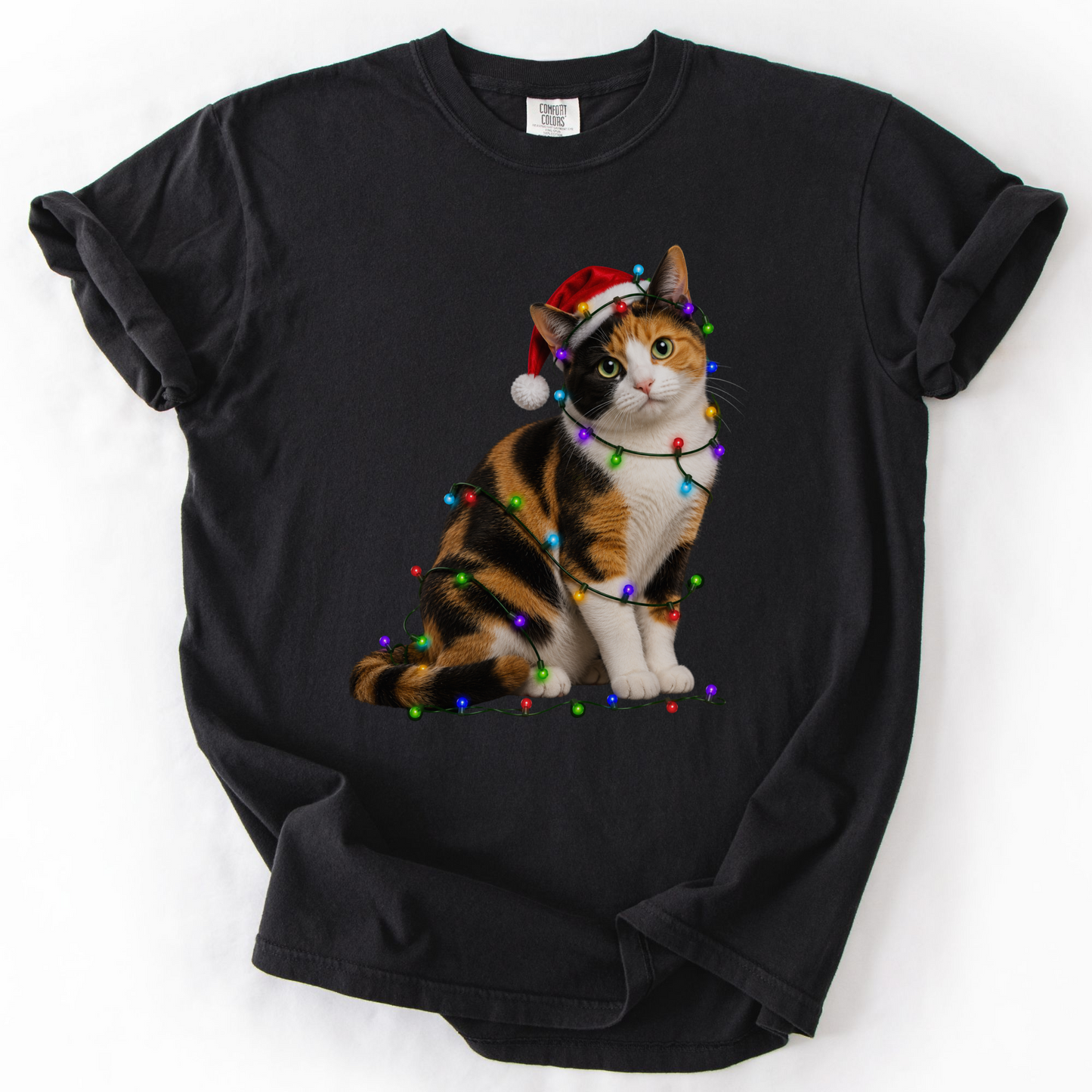Calico Cat Christmas Lights Shirt, Comfort Colors Holiday Cat Lover Tee