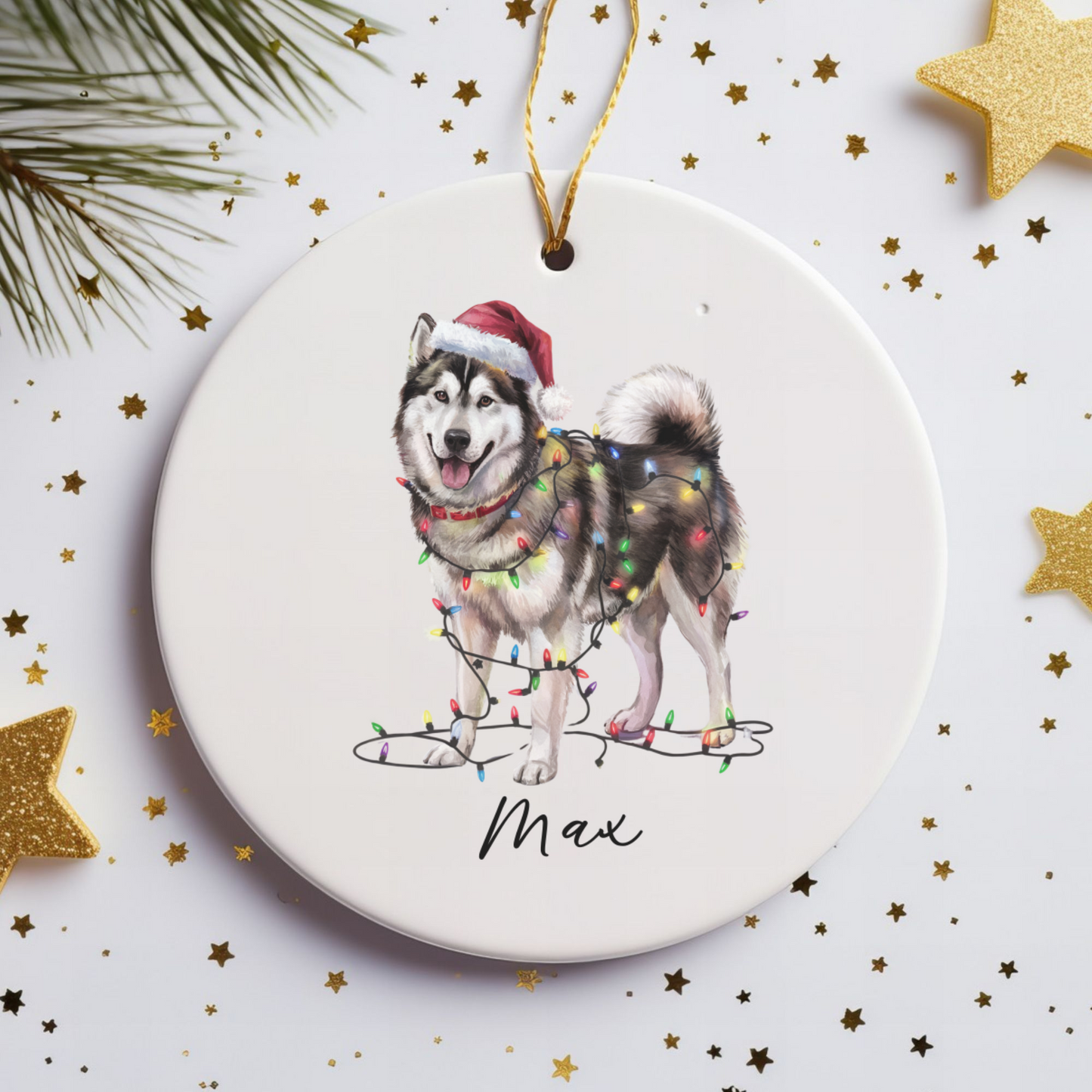 Personalized Alaskan Malamute Christmas Ornament, Dog Name Decor, Ceramic Pet Gift