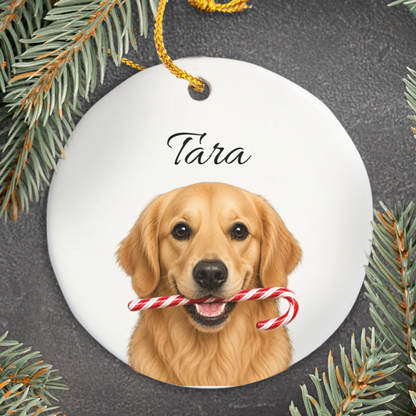 Personalized Golden Retriever Candy Cane Ornament