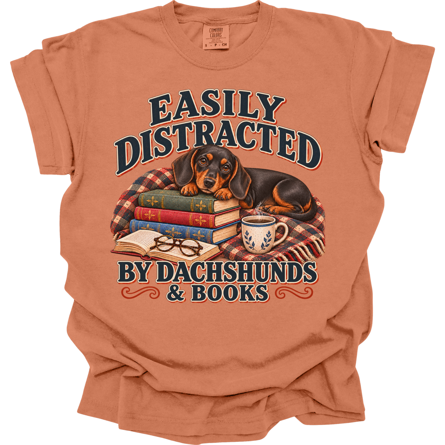 Black Tan Dachshund Shirt, Easily Distracted by Dachshunds and Books, Doxie Book Lover Tee