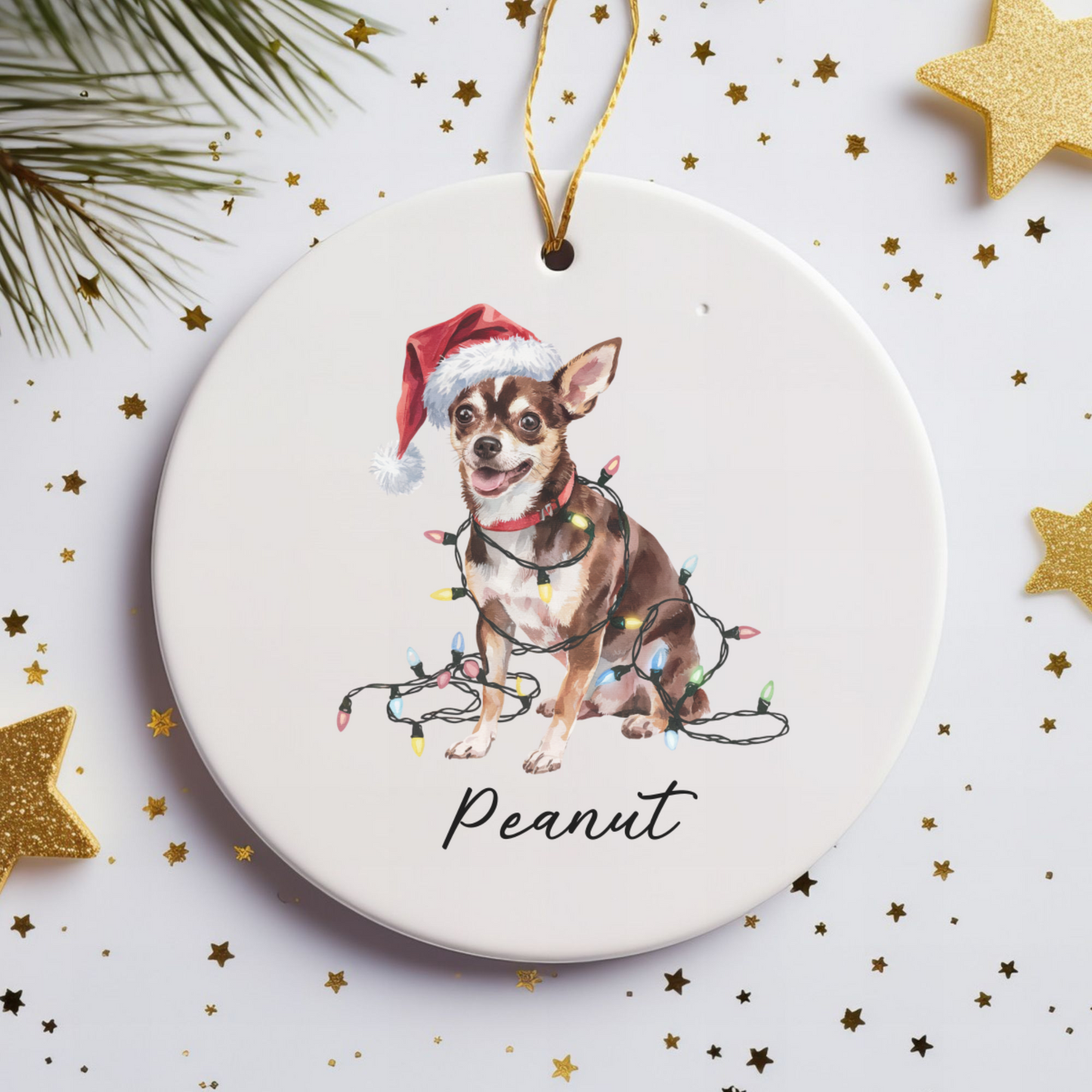 Personalized Black Chihuahua Christmas Ornament, Santa Hat Lights Ceramic Keepsake