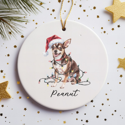 Personalized Black Chihuahua Christmas Ornament, Santa Hat Lights Ceramic Keepsake