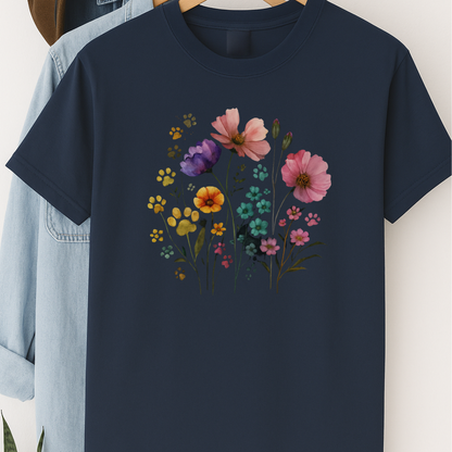 Watercolor Wildflower & Paw Print Shirt Floral Pet Lover Tee Nature Dog Mom Gift Botanical Animal Lover T-Shirt Mothers Day Gift