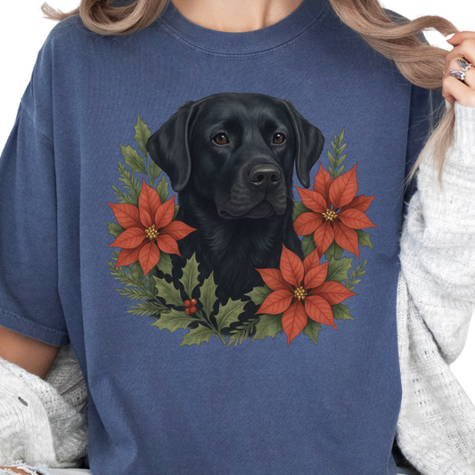 Black Lab Christmas Shirt, Poinsettia Labrador Retriever Dog Mom Holiday Tee