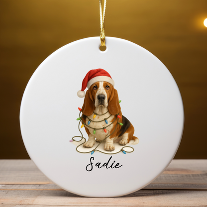 Personalized Basset Hound Christmas Ornament, Ceramic Dog Decor, Santa Hat Lights Keepsake