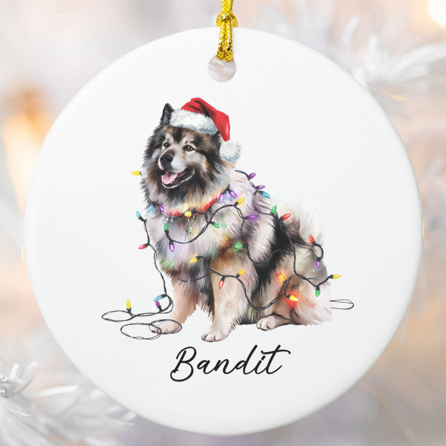 Personalized Keeshond Dog Ornament, Ceramic Christmas Tree Decor, Holiday Pet Keepsake