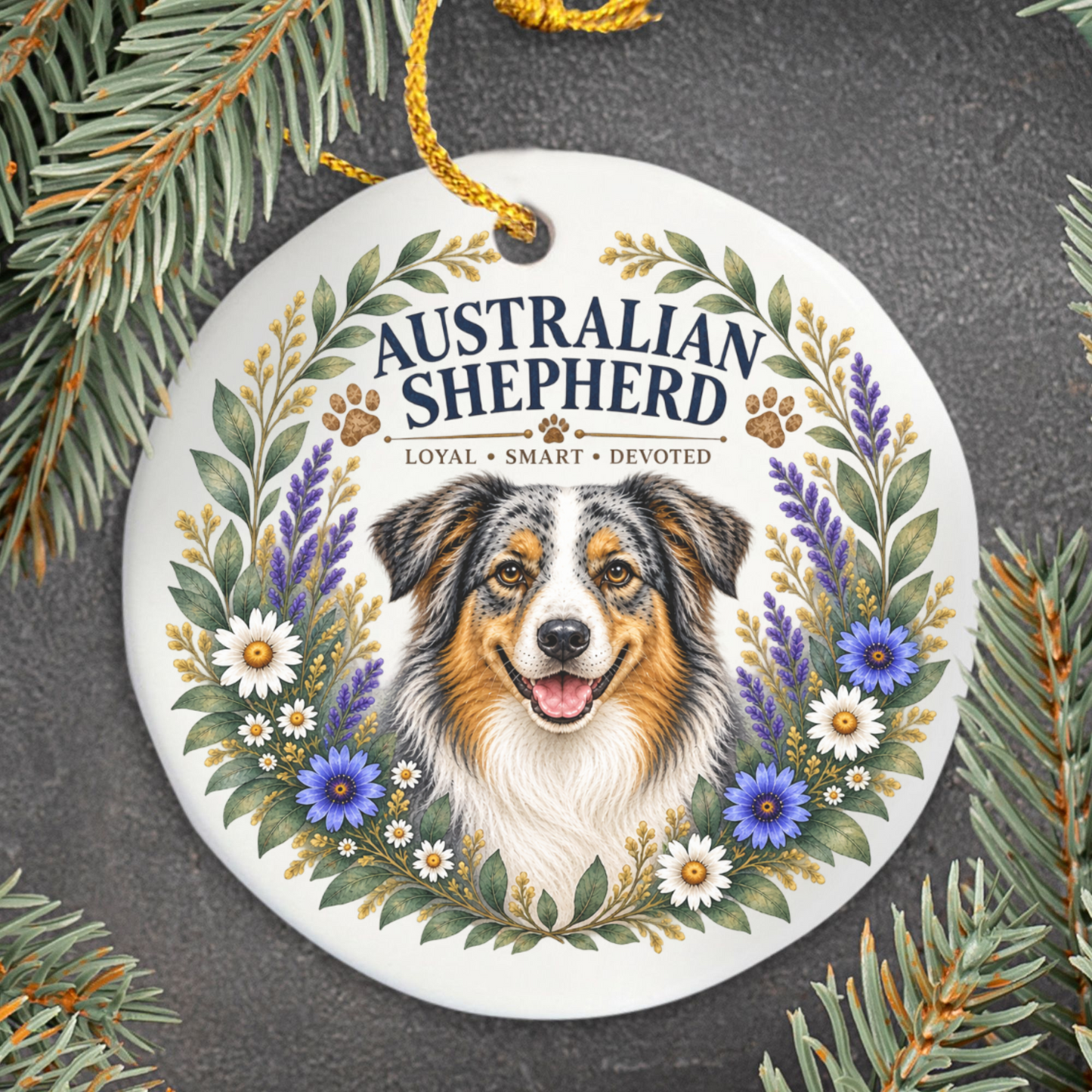 Australian Shepherd Ornament, Aussie Dog Lover Gift, Floral Breed Keepsake, Dog Mom Gift
