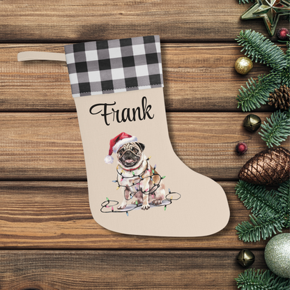 Personalized Tan Pug Christmas Stocking, Holiday Decor Gift for Pet Lovers