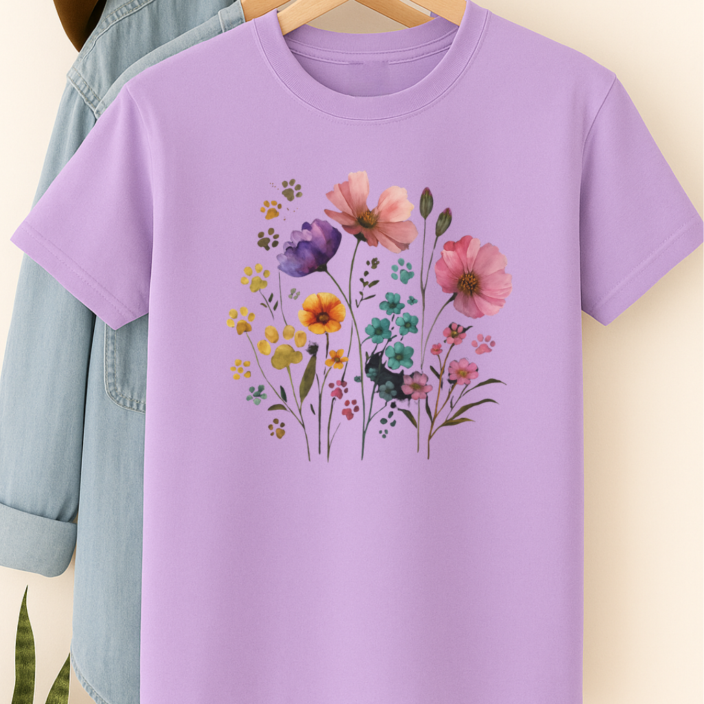 Watercolor Wildflower & Paw Print Shirt Floral Pet Lover Tee Nature Dog Mom Gift Botanical Animal Lover T-Shirt Mothers Day Gift