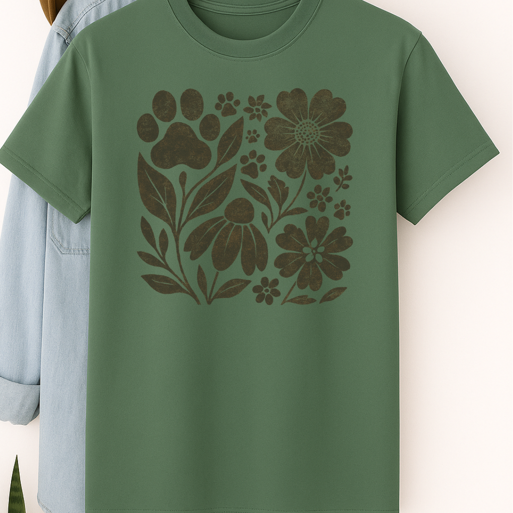 Retro Floral Paw Print Shirt Boho Dog Lover Tee Nature-Inspired Pet Mom Gift Vintage Botanical Animal T-Shirt