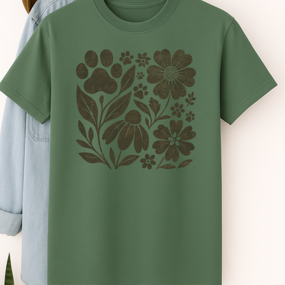 Retro Floral Paw Print Shirt Boho Dog Lover Tee Nature-Inspired Pet Mom Gift Vintage Botanical Animal T-Shirt