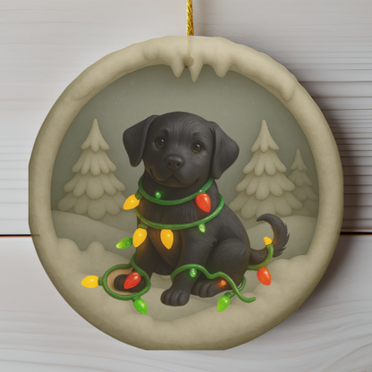 Black Lab Christmas Ornament, Personalized Labrador Retriever Puppy with Holiday Lights, Custom Dog Lover Gift, Tree Decoration