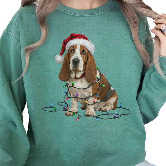 Christmas Basset Hound Sweatshirt, Festive Dog Lights Sweater, Unisex Pet Lover Apparel