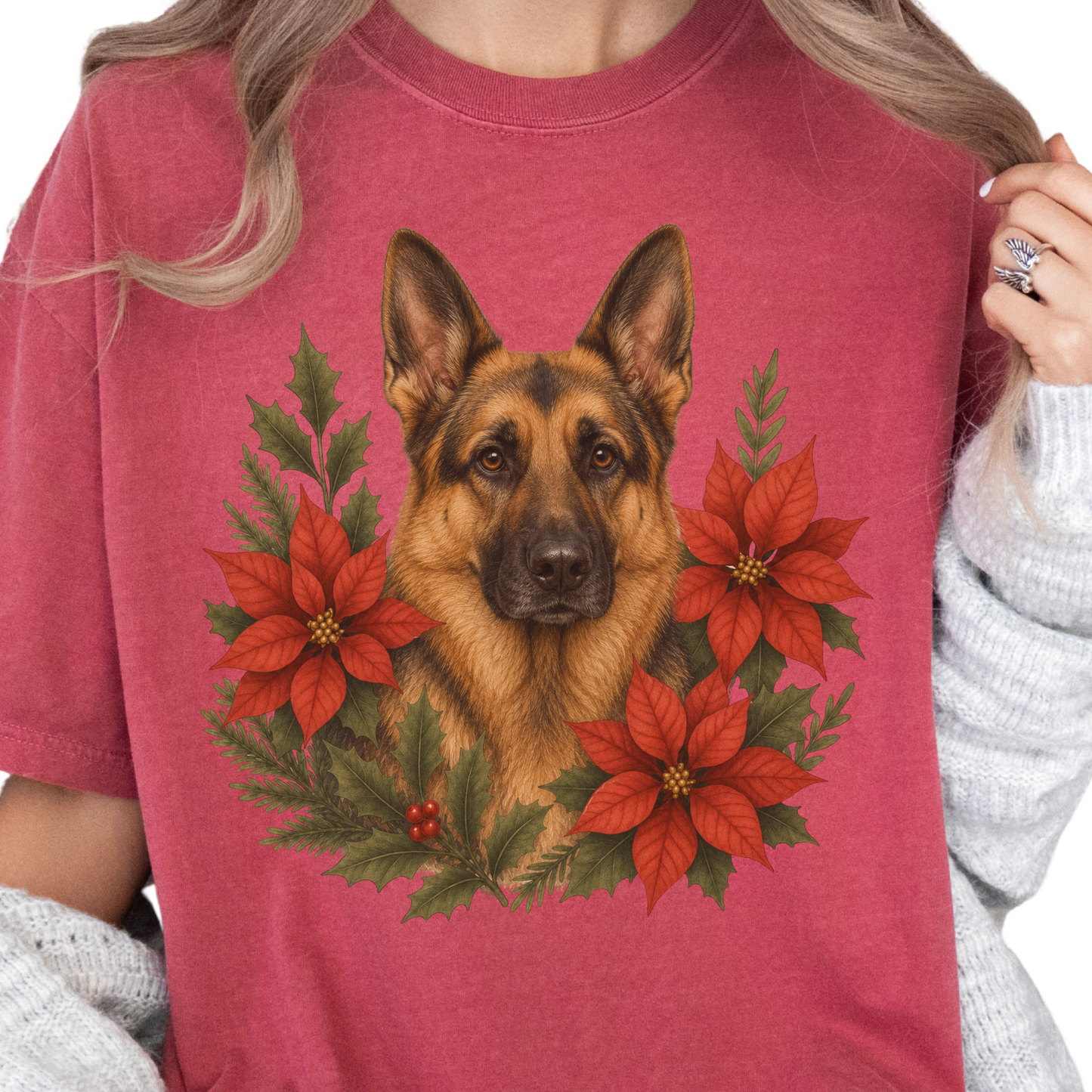 German Shepherd Christmas Shirt, Poinsettia Dog Mom Holiday Tee
