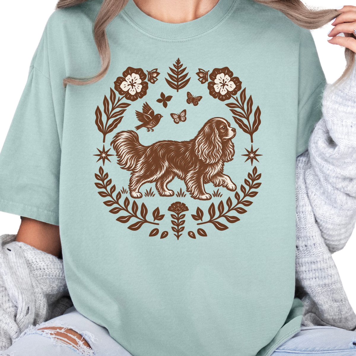 Ruby Cavalier Comfort Colors Shirt, Folk Art King Charles Spaniel Tee, Dog Gift