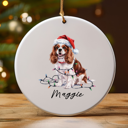 Personalized Blenheim Cavalier King Charles Spaniel Christmas Ornament, Tangled Lights Ceramic Keepsake