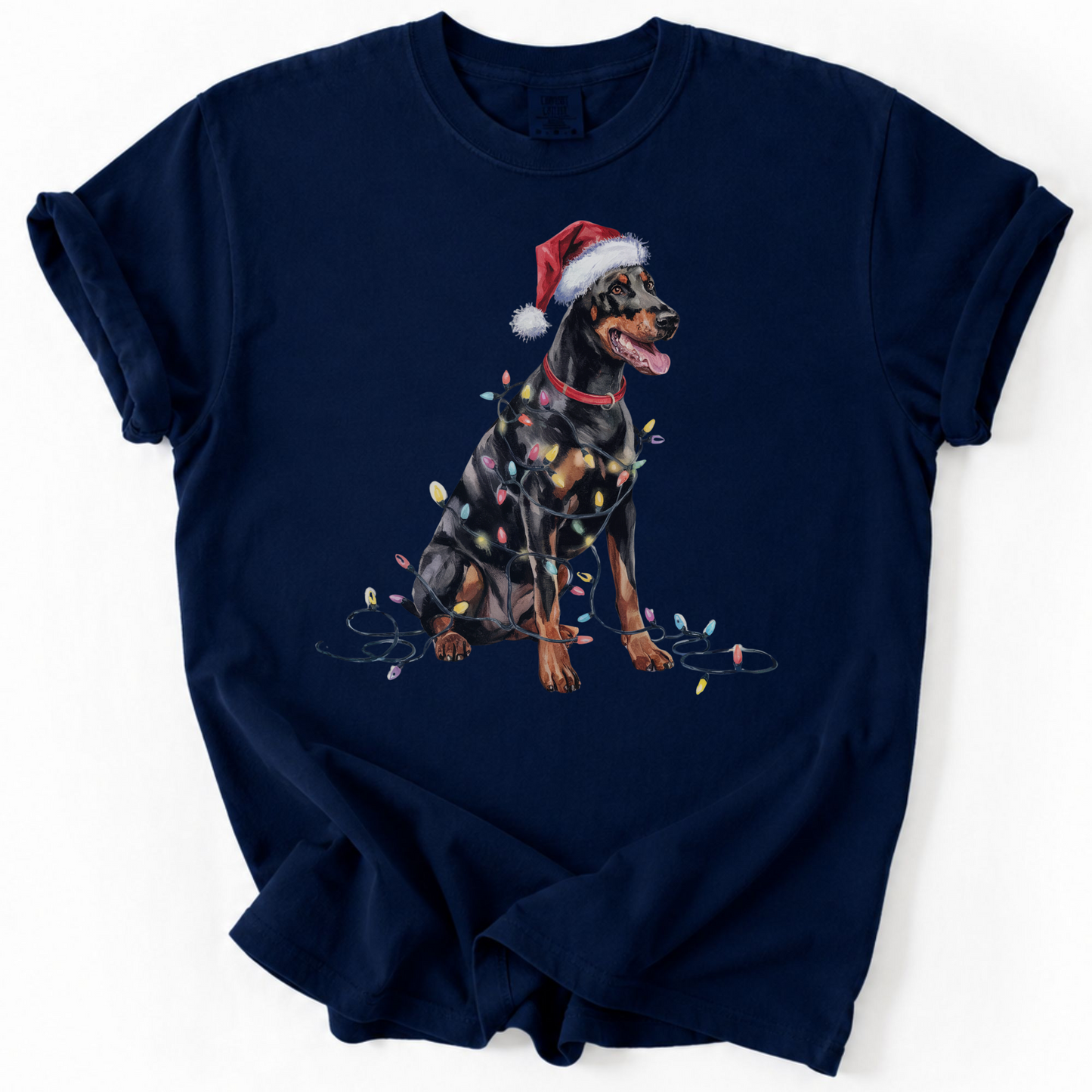 Doberman Pinscher Christmas Lights Shirt, Festive Holiday Tee for Dobie Lovers
