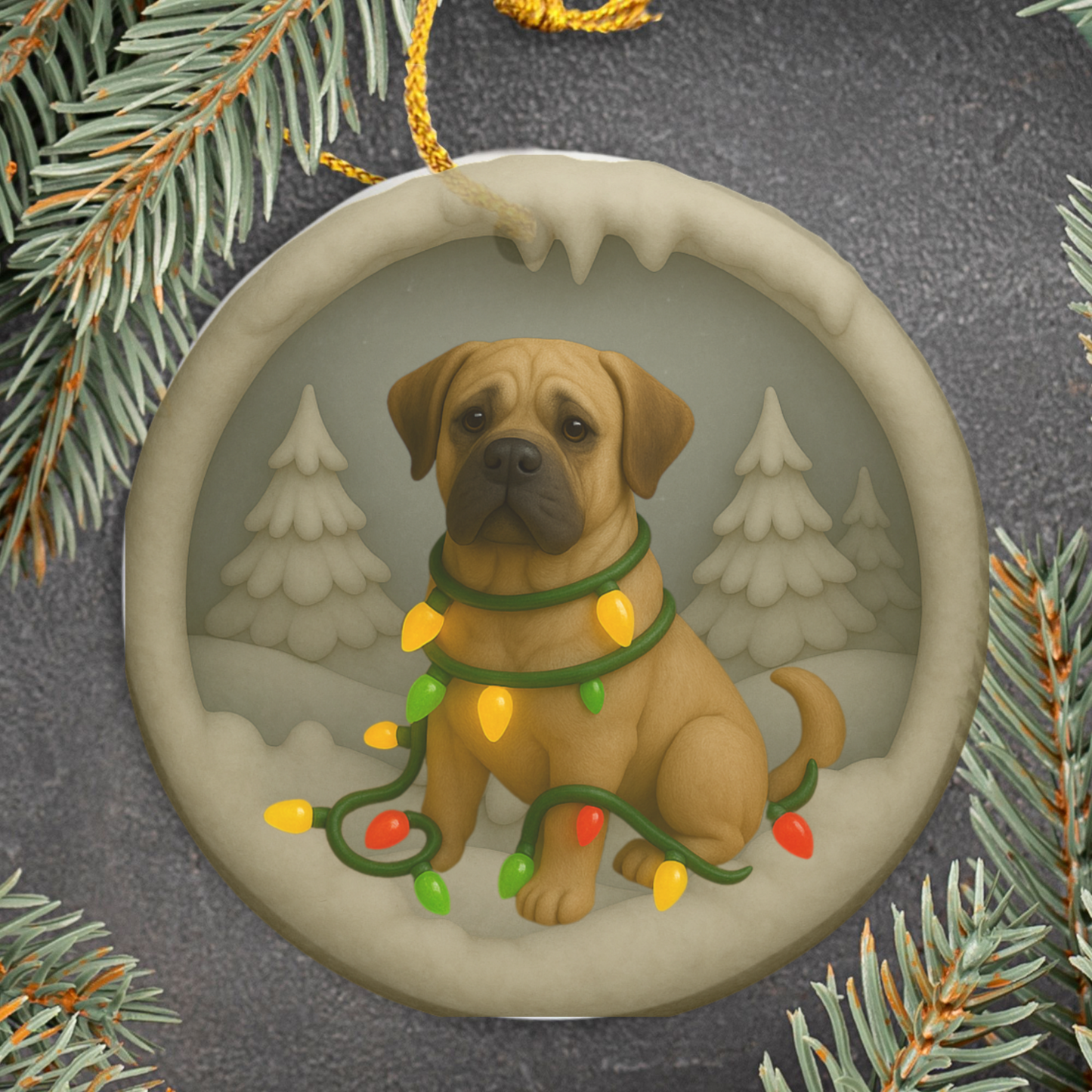 Personalized Mastiff Christmas Ornament, 3D Clay-Style Dog Keepsake with Lights