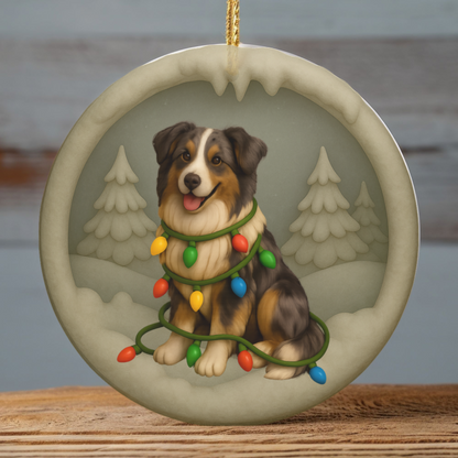 Personalizable Australian Shepherd Christmas Ornament, Custom Aussie with Holiday Lights Keepsake
