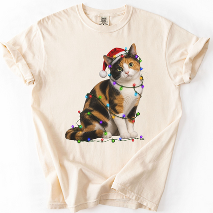 Calico Cat Christmas Lights Shirt, Comfort Colors Holiday Cat Lover Tee
