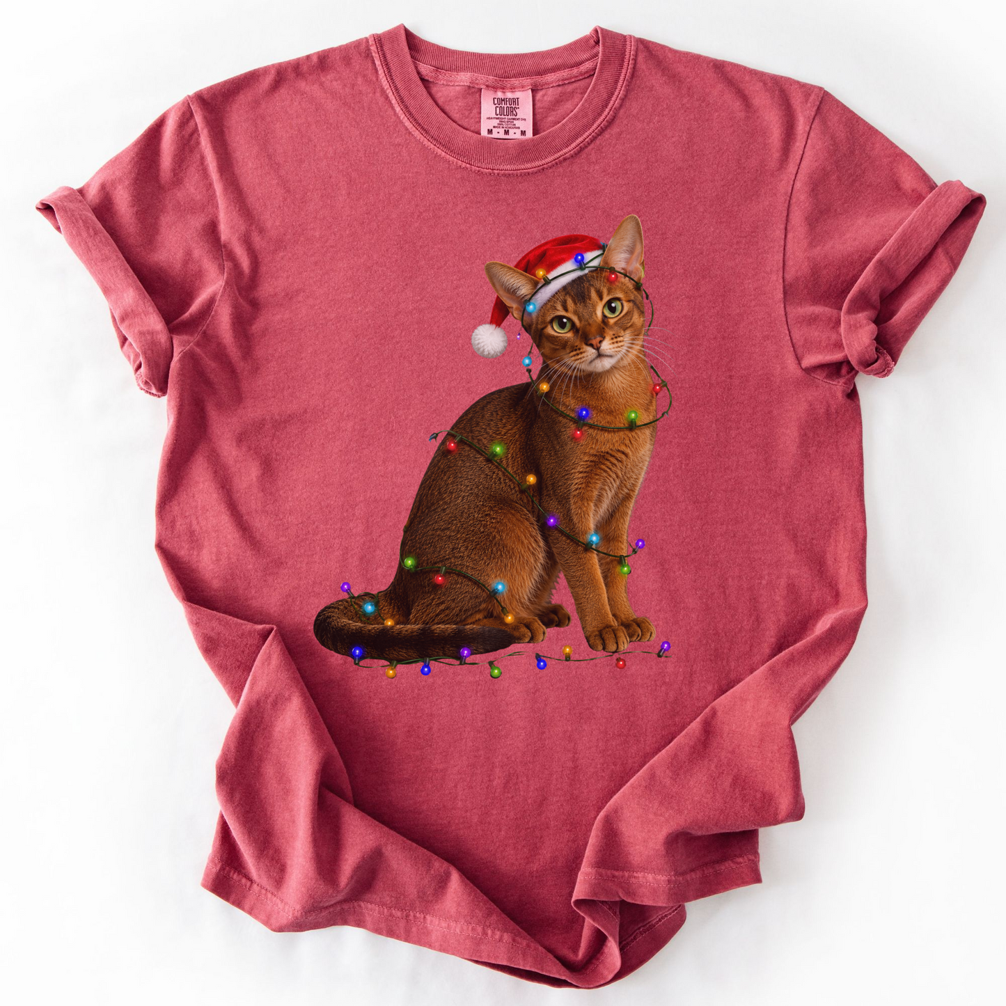 Abyssinian Cat Christmas Lights Shirt, Comfort Colors Holiday Cat Lover Tee