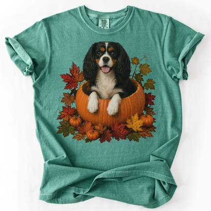 Tricolor Cavalier King Charles in Pumpkin Fall Shirt, Cute Autumn Dog Tee for Spaniel Moms