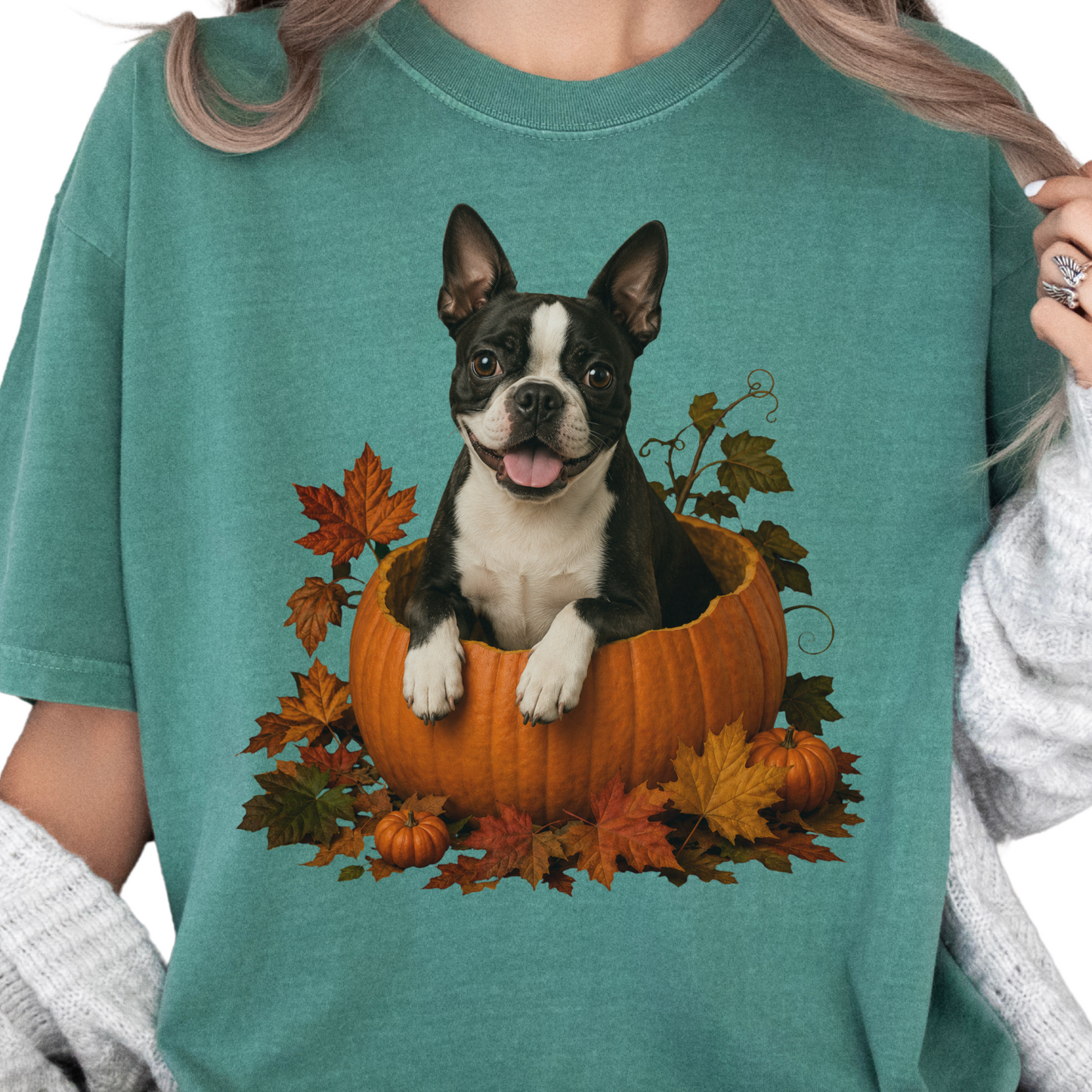 Boston Terrier Pumpkin Shirt, Cute Fall Dog Lover Tee on Comfort Colors